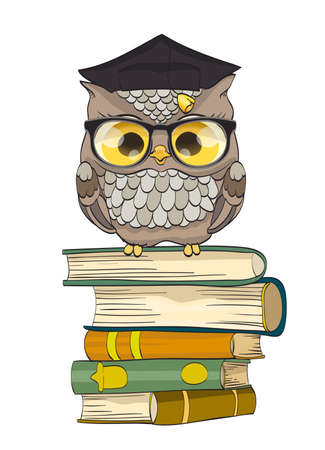 Cute owl sitting on books with graduation cap. vector illustrationのイラスト素材