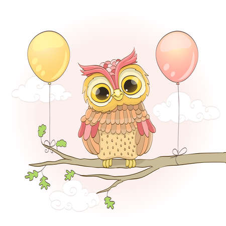 cute owl on a branch and balloons over pink sky with clouds. cartoon vector illustrationのイラスト素材