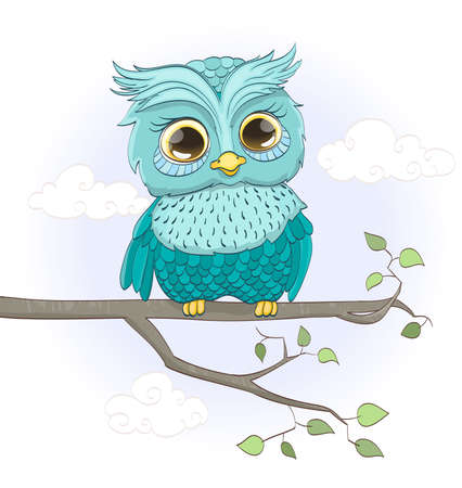 cartoon baby owl sitting on a branch. vector illustrationのイラスト素材