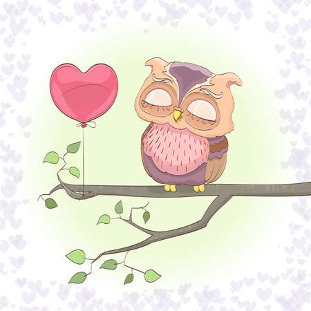 cute owl dreaming on a branch and heart balloon. cartoon vector illustrationのイラスト素材
