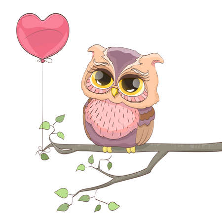 sweet owl and heart balloon. cartoon vector illustrationのイラスト素材