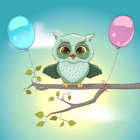 cartoon owl with open wings on a branch with balloonsのイラスト素材