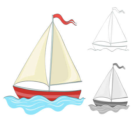 Sailing boat drawing with coloring and grayscale version. vector illustration