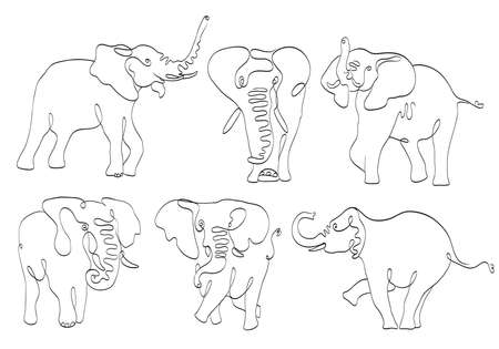 set of elephants line art on white. stylized drawing by hand of wild. vector illustrationのイラスト素材