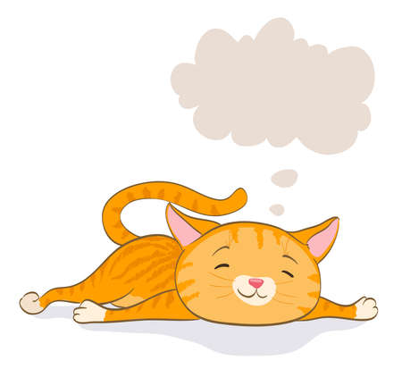 cute little cat laying and thinking. red tabby kitten and speech bubble. cartoon vector illustrationのイラスト素材