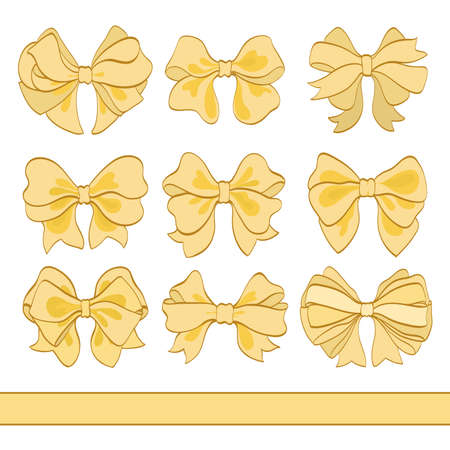 set of golden bows on white. hand drawn vector illustration. cartoon design elements for your celebration and invitation cardsのイラスト素材