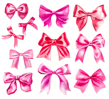 pink and red watercolor ribbon bows on white setの写真素材
