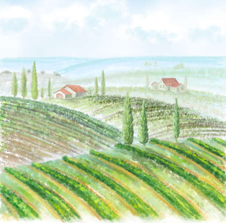 illustration of countryside landscape with vineyard, trees, hills, farm housesの写真素材