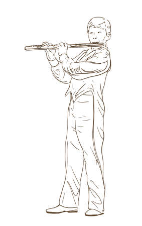 Boy playing flute line sketch . hand drawn illustration of young musician playing wind musical instrumentのイラスト素材