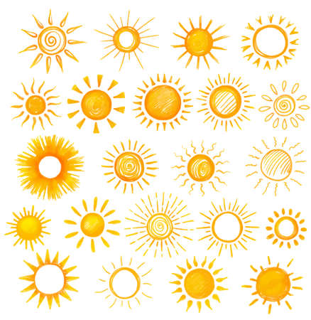set of sun drawing on whiteの写真素材
