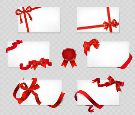 Set of white cards with red bows and ribbonsのイラスト素材