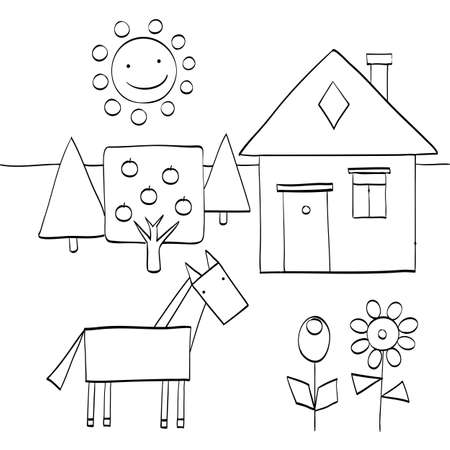 coloring page for children to find geometric shapes in nature. house, trees, sun, horse and flowers. vector illustrationのイラスト素材