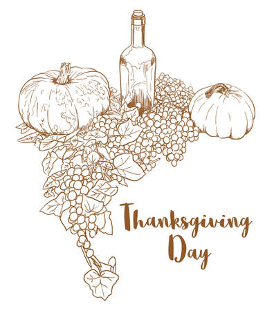 hand drawn pumpkins, grapes, wine bottle on white background with space for text.のイラスト素材