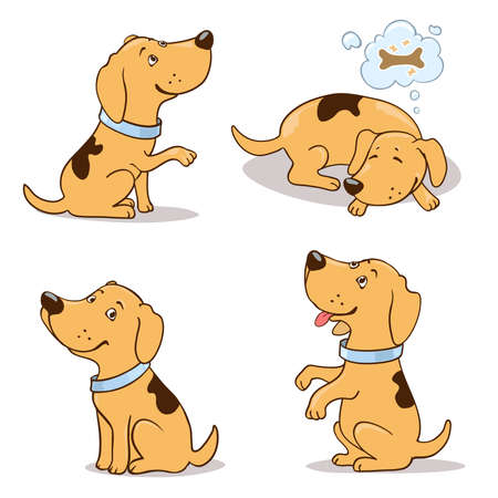 Set of cute cartoon dogs on white.  Begging, dreaming, smiling, sitting positionsのイラスト素材