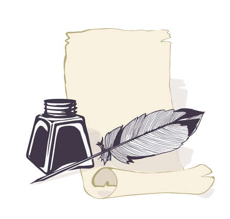 ink bottle and feather quill, ancient paper background. vector illustrationのイラスト素材