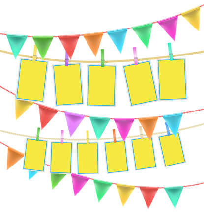 Vector garlands with  triangle flags decorations on rope with rainbow colors on white background, photo frames with blank space for Your photograpsのイラスト素材