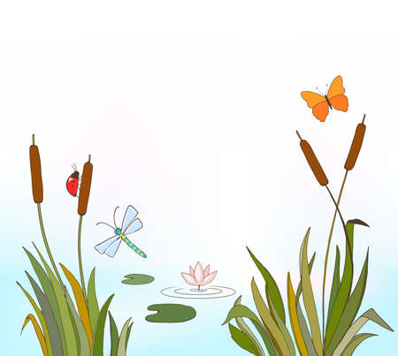 cartoon vector illustration of reeds and flying insects, waterlily on lake as summer or spring backgroundのイラスト素材