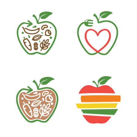 apple symbol with arrow line and leaf, fork, heart, vegetarian food set of iconsのイラスト素材