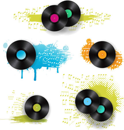 Vinyl disks and stains, blots, flying music notes colorful compositions. Set of abstract vector illustration on various music themesのイラスト素材