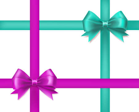 aqua and pink ribbon knots on white. decorative design elemetsのイラスト素材