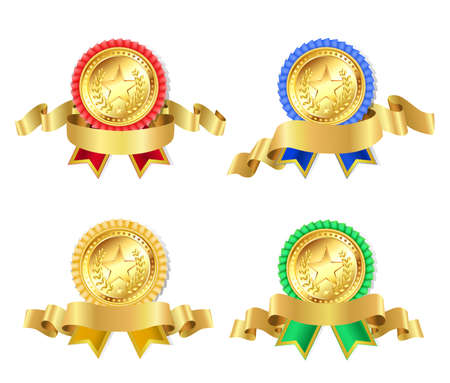 set of retro golden award with stars and ribbons on white. vectorのイラスト素材