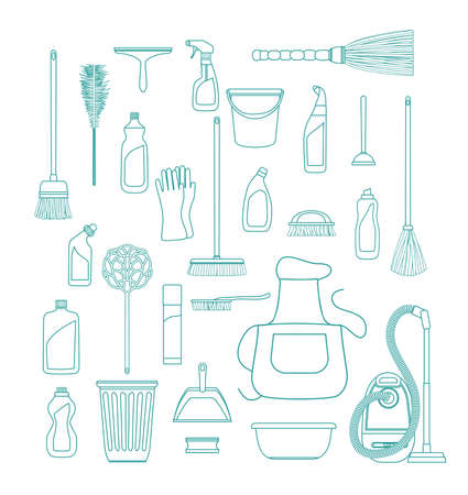 Set of cleaning supplies background. Tools of housecleaning. Vector outline illustrationのイラスト素材