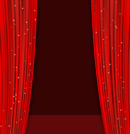 red theater curtains with glitter and dark stage. abstract background with opera red drapes and glittering stars. vector illustrationのイラスト素材