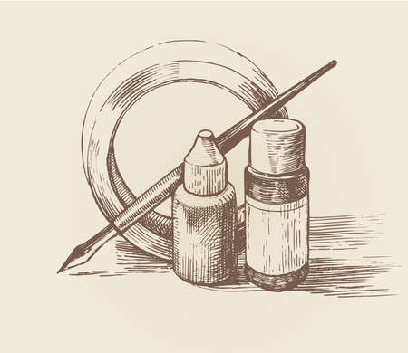 ink pen and bottles, drawing set monochrome sketch. vectorのイラスト素材