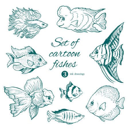set of aquarium fishes on white. cartoon characters ink drawingsのイラスト素材