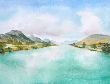 watercolor painting with mountains and hills, water and islands and blue sky with cloudsの写真素材