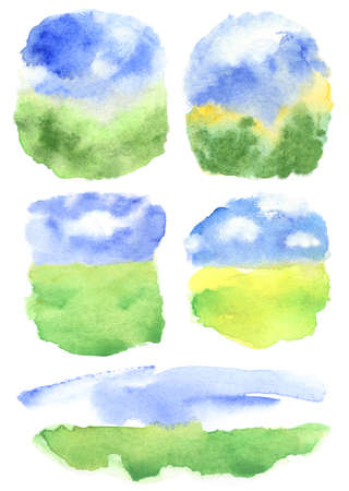 summer abstract backdrops with clouds on blue sky and grass field. set of watercolor backgroundsの写真素材