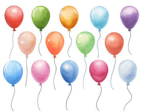 set of watercolor air balloons isolated on white. hand painted greeting elements illustrationの写真素材