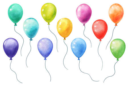 watercolor balloons isolated on white. hand panted separate balloons with bright various colors の写真素材
