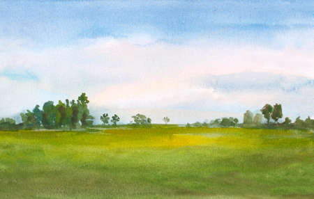 watercolor green field landscape background with trees and blue sky. の写真素材