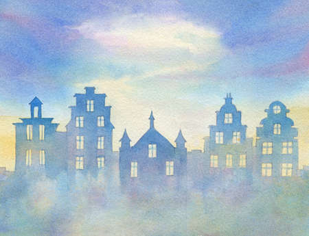 watercolor illustration on european urban theme with houses in fogの写真素材