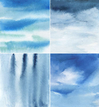 set of blue and indigo watercolor backgroundsの写真素材