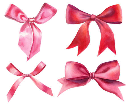 watercolor red and pink silk ribbon bows set isolated on white. hand-drawn knots as event decorative design elements. の写真素材