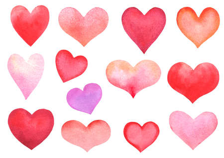 set of various watercolor hearts isolated on white. hand drawn illustrationの写真素材