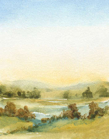 abstract watercolor painting with sky, field, trees, fogの写真素材
