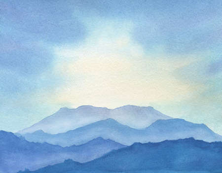 abstract watercolor illustration with blue mountains and sunlightの写真素材