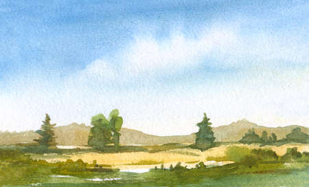 watercolor painting with tranquil landscape with hills, firs, blue sky  with clouds, green grassの写真素材
