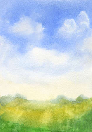 watercolor sky with abstract green grass loose landscapeの写真素材