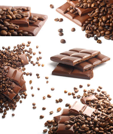 set chocolate and coffee beans on white backgroundの写真素材