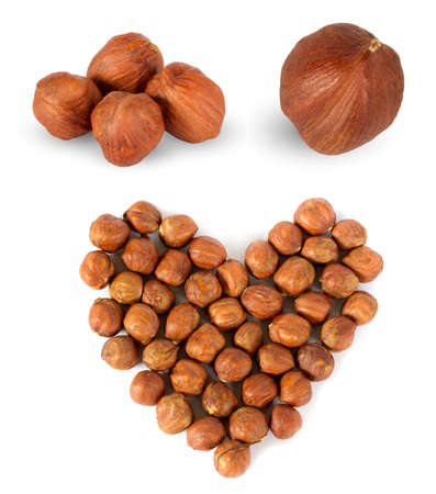 Set of peeled fresh organic hazelnuts. Filberts and heart made of nuts on white backgroundの写真素材