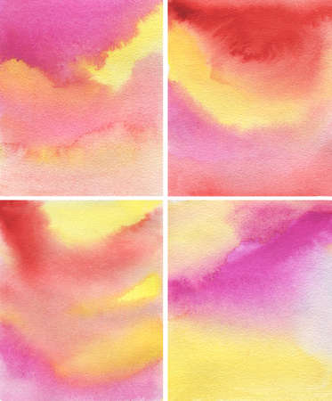 abstract watercolor set of backgrounds hand-painted in rose, yellow and red vibrant colorsの写真素材