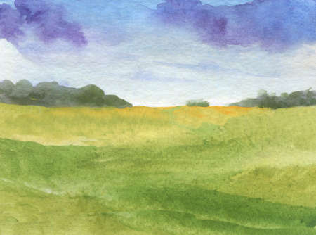 beautiful landscape with clouds and meadow at sunrise. watercolor landscape backgroundの写真素材