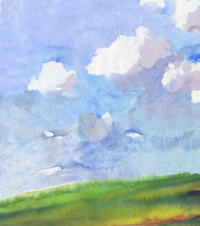 watercolor landscape with white clouds over green field. hand drawn illustrationの写真素材