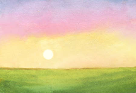 watercolor sunrise illustration. abstract watercolor background with green field and rising sun on colorful skyの写真素材