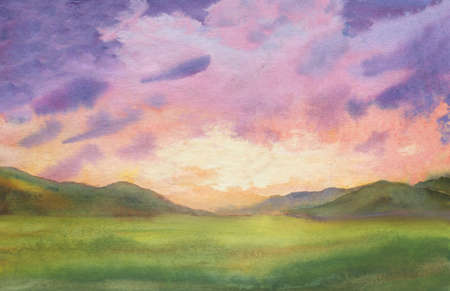 sunset watercolor landscape with purple clouds in the sky background. outdoor evening landscape with green grass and colorful sunset skyの写真素材