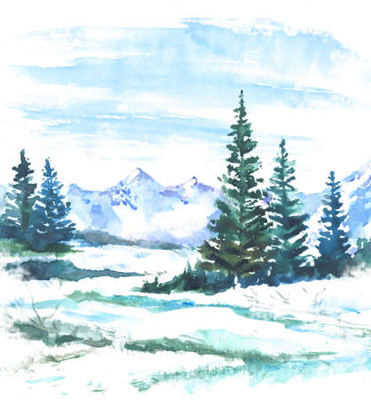 Watercolor landscape with firs and mountains. Winter spruces and snow natural backgroundの写真素材